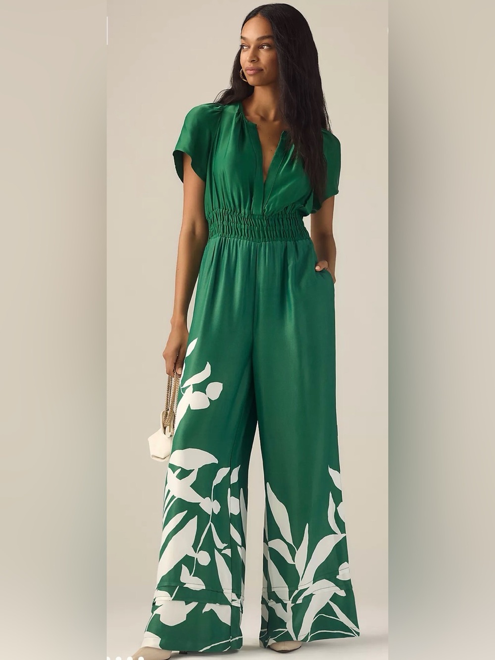 Green Wide-Leg Jumpsuit with White Floral Print